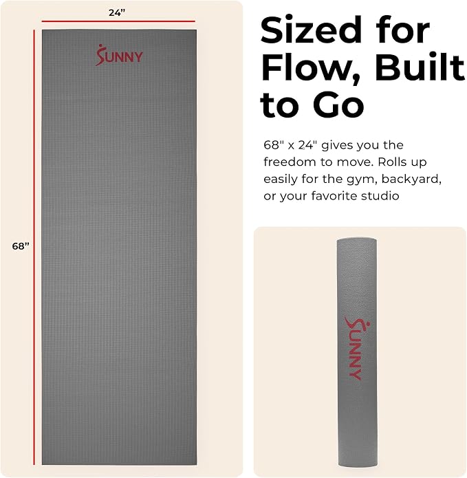 Sunny Health & Fitness Non-Slip Yoga Mat – Durable, Anti-Tear, Lightweight, Cushioned Support for Yoga, Pilates, Stretching Exercises, Meditation and Floor Workouts | Multiple Sizes & Colors