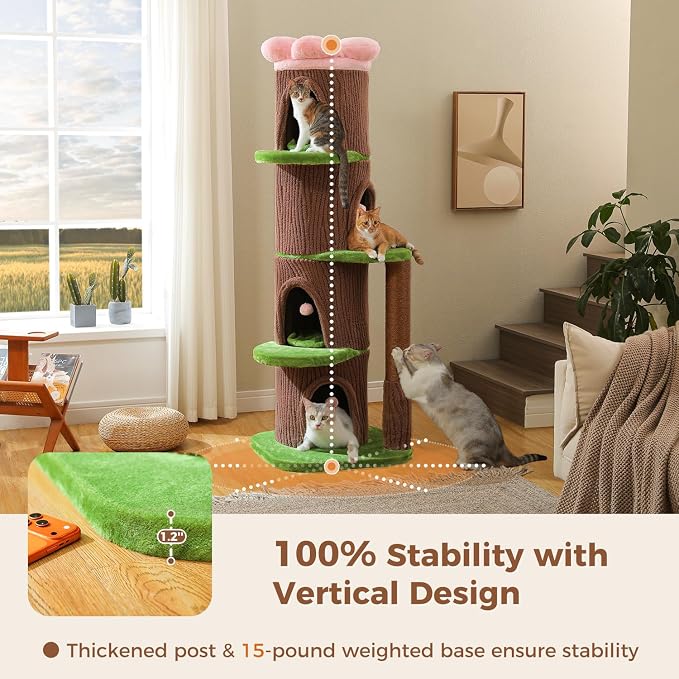 MUTTROS 68.5" Forest Cat Tree Tower with 4 Condos & Flower Top Bed, Brown | Tree-look design, 3.8in thick sisal post, 4 spacious condos, Flower top bed, Heavy duty build, Multi-cat homes