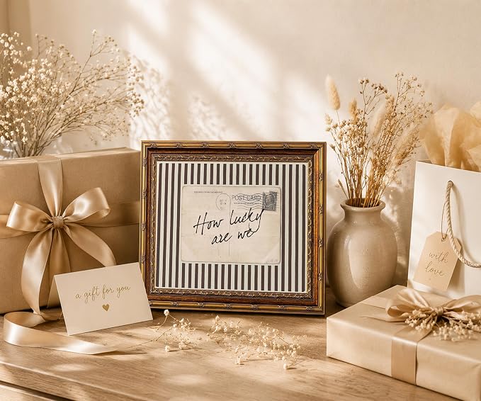 Vintage Gold Framed How Lucky We Are Wall Art Retro Inspirational Canvas | Antique Striped Postcard Quote Poster Print Painting for Bedroom Dorm Apartment, 8x10 Inch