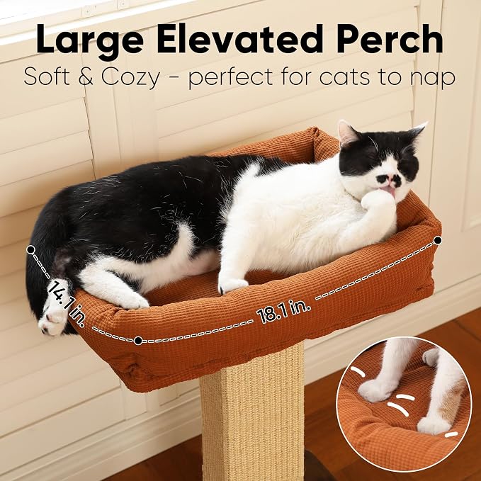 FUKUMARU Retro-Style Cat Scratching Post with Perch for Indoor Adult Cats | 28.7" Elevated Tall Cat Bed, Solid Wood Large Cat Scratcher Tower with Bed, Aesthetic Cat Tree Furniture with Natural Sisal