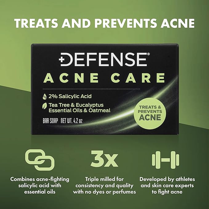 Defense Acne Care Bar Soap 4.2oz | contains 2% Salicylic Acid, Tea Tree & Eucalyptus Essential Oils & Oatmeal (Pack of 2)