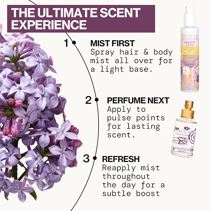 Pacifica French Lilac Hair & Body Mist – Clean Vegan Floral Hair Perfume Spray for Women, Fresh-Cut Lilac, Magnolia & Heliotrope Notes, Alcohol-Free Head-to-Toe Fragrance, Cruelty-Free, 6 Fl Oz
