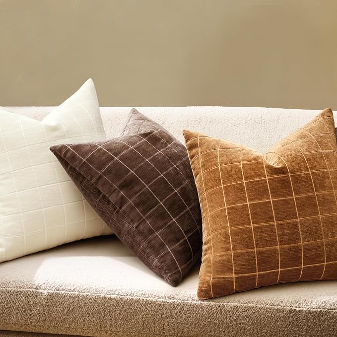 MIULEE Bronze Plaid Decorative Fall Throw Pillow Covers 18x18 Set of 2 | Vintage, Check Chenille Couch Pillows, Boho Farmhouse Cushion Covers, Modern Home Decor for Sofa Bed Living Room