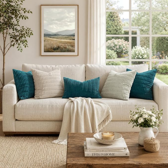 MIULEE Corduroy Decorative Throw Pillow Covers 18x18 Teal Pack of 2 | Soft Boho Striped Pillow Covers Modern Farmhouse Coastal Home Decor For Sofa Living Room Couch Bed