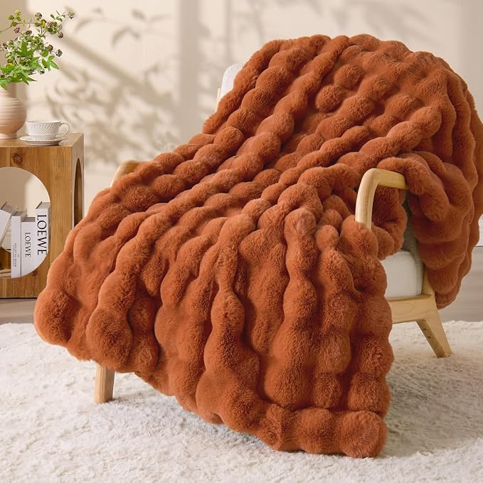 BEDELITE Faux Fur Throw Bubble Blanket for Couch, 60" x 80", Burnt Orange | 870GSM Soft Cozy Plush Blanket for Sofa & Bed Living Room Decor, Warm Fuzzy Faux Rabbit Fur for Women Gift, All Season Use