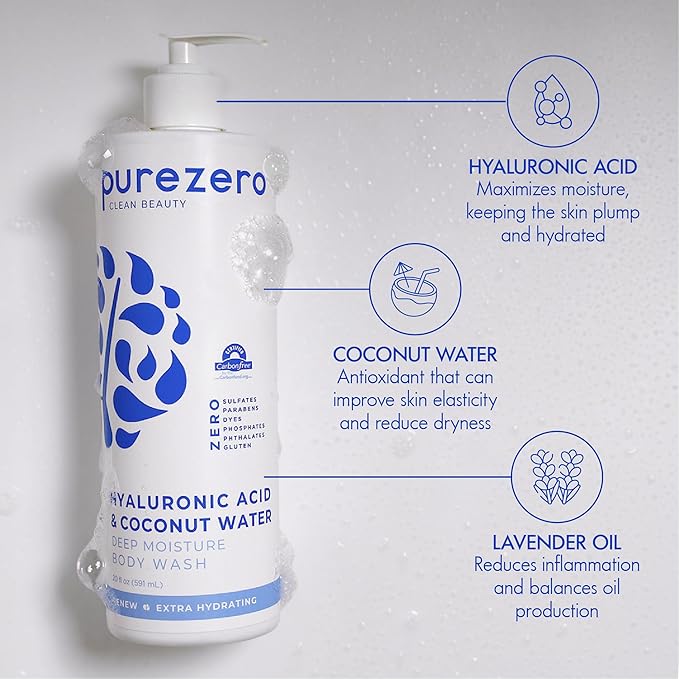 Purezero Hyaluronic Body Wash Deep Moisturizer - Soft Skin Hydration - Moisturizing Skin Cleanser + Coconut Water - No Sulfates, Parabens, Dyes (1 Pack)