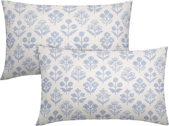 Baby Blue Floral Pillow Covers 12x20 Inch Set of 2, Vintage Flower Block Print Pattern Decorative Throw Pillowcases Outdoor Farmhouse Cushion Covers Spring Summer Rustic Sofa Couch Bed Decor
