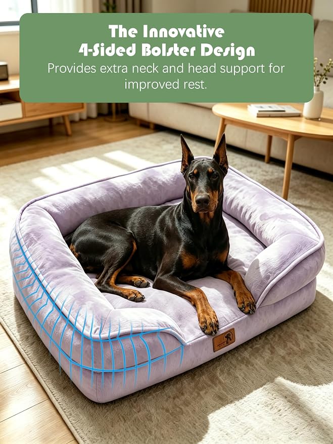 Spotted Play Orthopedic Dog Bed with Sides - Sofa Beds for Extra Large Dogs, Supportive Foam Pet Couch Bed with Washable Removable Cover, Waterproof Lining and Non-Slip Bottom, Purple - XL-Plus