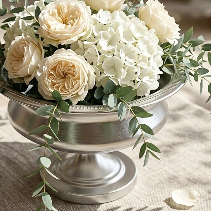 Worth 8" H. Silver Color Urn Vase for Centerpieces, 11.8" Dia. Metal Trumpet Small Flower Pots for Table, Bowl Vase for Wedding Party Event Home Decor, Smooth, Non-Aged Finish