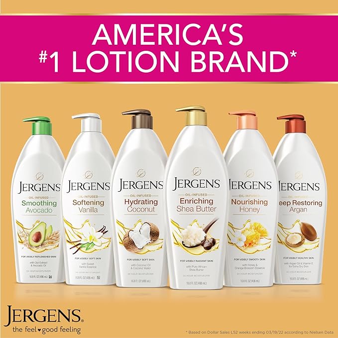 Jergens Deep Restoring Argan Oil Moisturizer, Soothing Body and Hand-Lotion with Reviving Argan_Oil and Vitamin E, Oil-Infused, Dermatologist Tested, 16.8 oz (Pack of 2)
