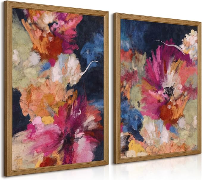 Colorful Abstract Wall Art Decor Modern Flower Canvas Wall Art Abstract Flower Pictures Painting Modern Colorful Artwork Posters Abstract Prints for Living Room Bedroom 24x36 Inch Framed Set of 2