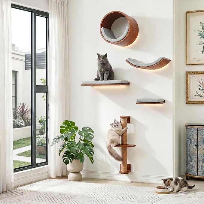 Tribesigns Solid Wood Cat Wall Shelves, 5 in 1 Cat Wall Furniture Set | Wood Cat Climbing Wall with Scratching Post, Bed, Stable and Safe, Wall Mounted Cat Tree, Space-Saving, Easy Assembly, Walnut