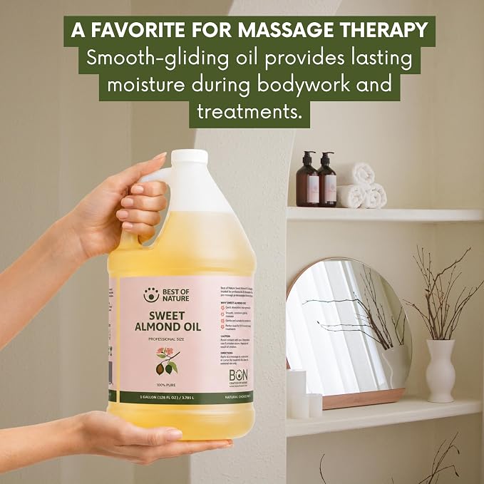 Best of Nature 100% Pure Sweet Almond Oil – Moisturizing Massage & Body Oil, Unscented for Hair, Skin, Face, Soap Making, Aromatherapy, Ideal Carrier for Essential Oils, 1 Gallon (128 fl oz)