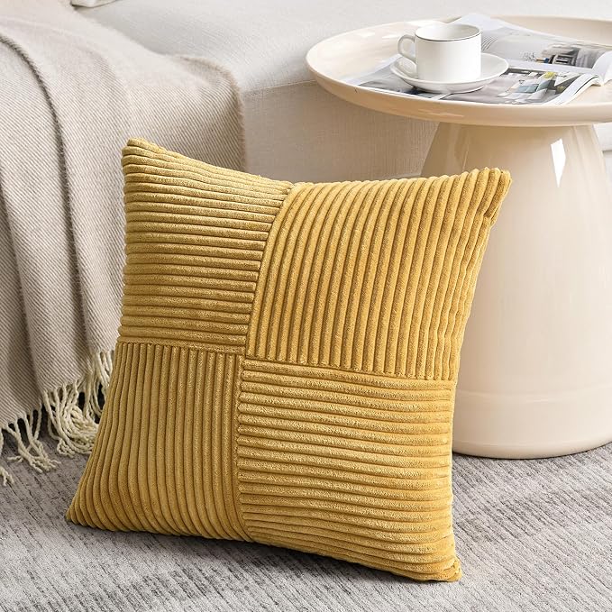 Fancy Homi Mustard Yellow Euro Decorative Throw Pillow Covers 26x26 Inch for Living Room Couch Bed, Farmhouse Boho Home Decor, Soft Corss Corduroy Patchwork Textured Square Cushion Case 66x66 cm