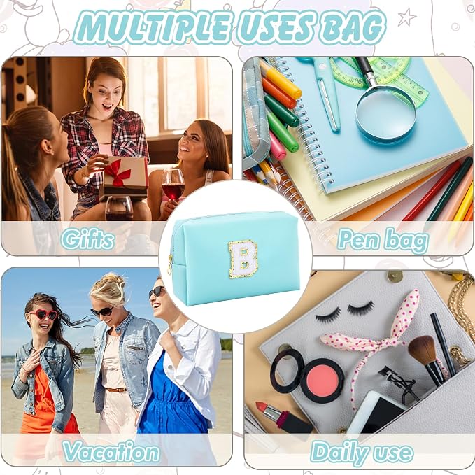 URSKYTOUS Gifts for Girls Initial Makeup Bag Personalized Cosmetic Bag with Zipper Cute Travel Toiletry Bag Waterproof PU Preppy Makeup Pouch Birthday Gift for Teen Girls Women(Blue B)