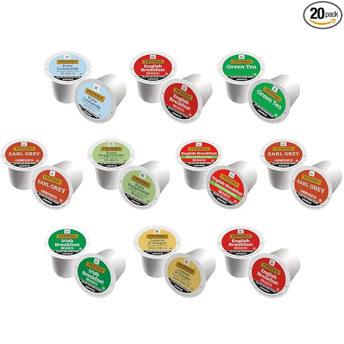 Twinings Tea K Cup Pod Sampler Variety Box (20 Count) 8 Flavours for Keurig Single Serve Brewers, Contains Black, Green, Herbal and Decaffeinated Teas for Tea Lovers