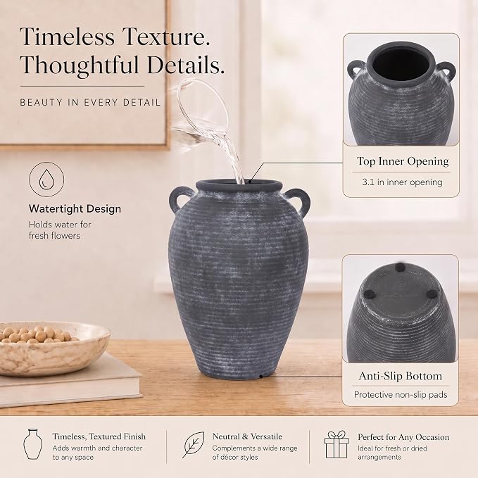 8.7" Black Ceramic Vase with Handles for Home Decor | Black pottery vase with handles; small black vase, watertight for fresh flowers, pampas grass, shelves, mantels and tables