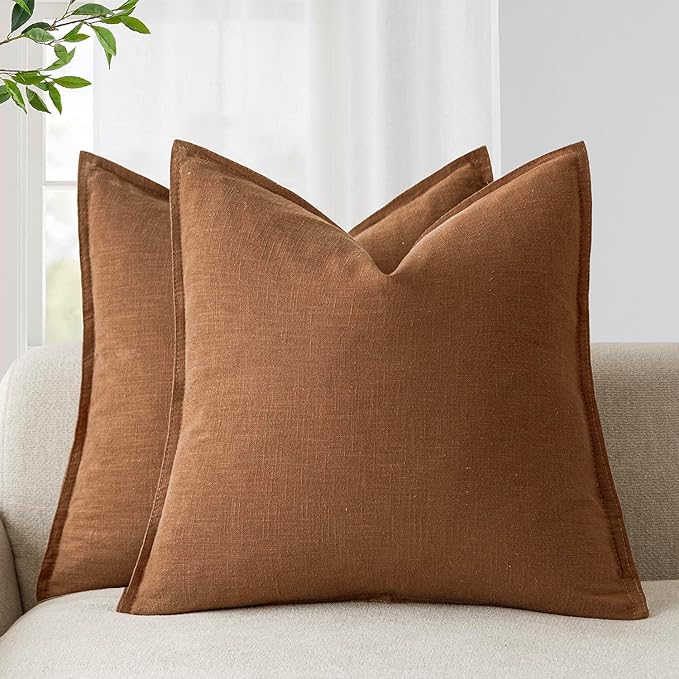 Foindtower Pack of 2, Decorative Linen Soild Throw Pillow Covers Soft Accent Cushion Case Boho Farmhouse Pillowcase for Chair Couch Sofa Bedroom Living Room Home Decor 16 x 16 Inch Orange Brown