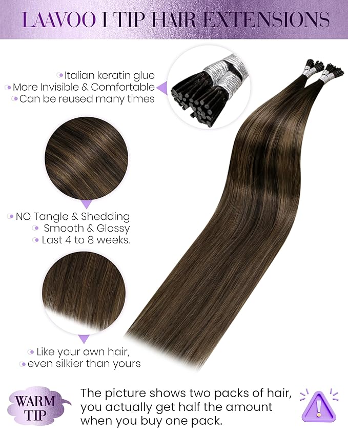 LaaVoo I Tips Hair Extensions Real Human Hair Dark Brown Balayage Brown Itip Human Hair Extensions 22 Inch 1g/1s 50s/pack