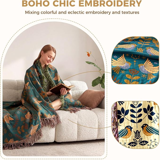 LUTBM King Throw Blanket for Bed, 100% Cotton Boho Soft Summer Blankets | 90"x108" Reversible Floral Bird Quilt, All-Season Bedspread, For Chair Sofa Couch Bedroom Decor, Breathable 4-Layer Gauze