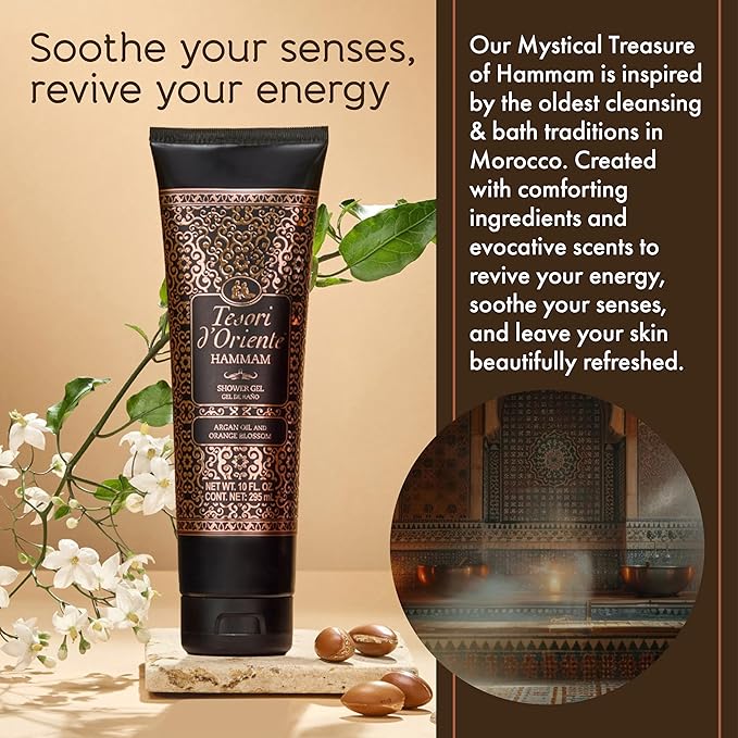 Tesori d’Oriente Hammam Shower Gel, 10 fl oz, Gentle, Hydrating Body Wash with Argan Oil & Vitamin E, Warm Orange Blossom Scented, No Silicones, Parabens & Mineral Oil