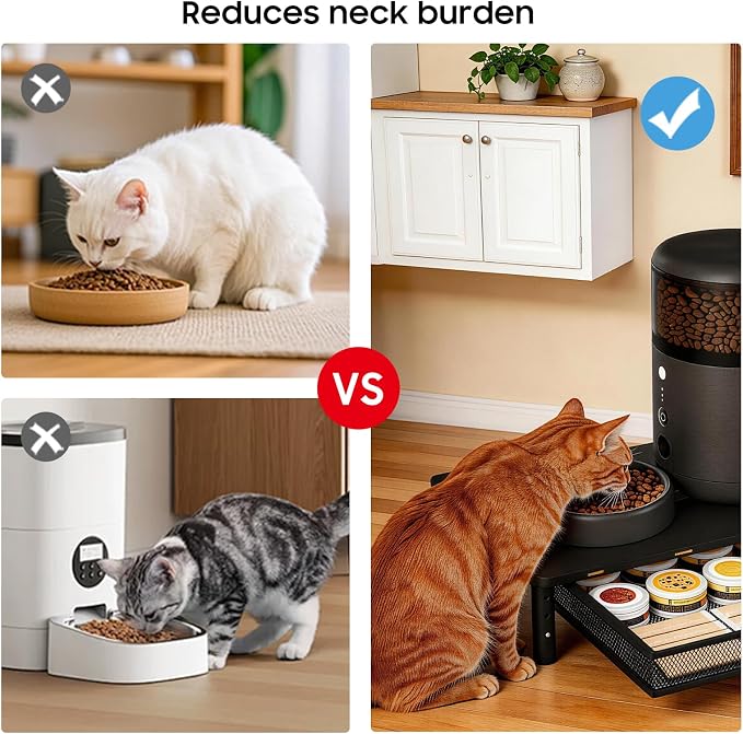 W‌SOWX Adjustable Automatic Cat Feeder Stand, Elevated Cat Food Stand,Black | With Drawer and Cat Food Mat,Raises Feeder/Bowls by 4.1"/4.9"/5.7",Relieves Spine and Joints Noticeably on Pets-Sturdy Metal