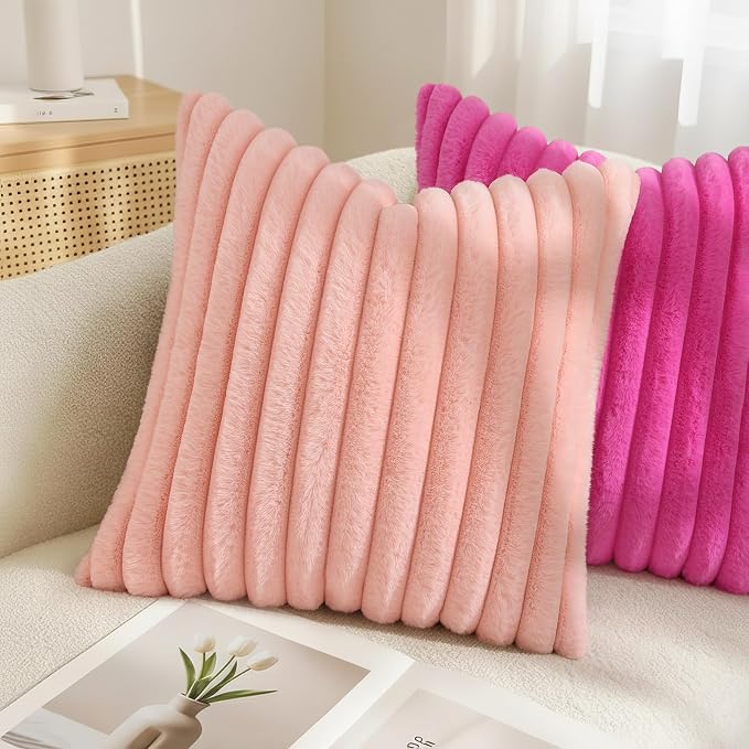 decorUhome Fall Faux Fur Throw Pillow Covers 26x26 Set of 2 Blush Pink | Decorative Soft Cozy Striped Plush Modern Farmhouse Boho Couch Pillow Cases Velvet Back for Sofa Bed Living Room Home Decor