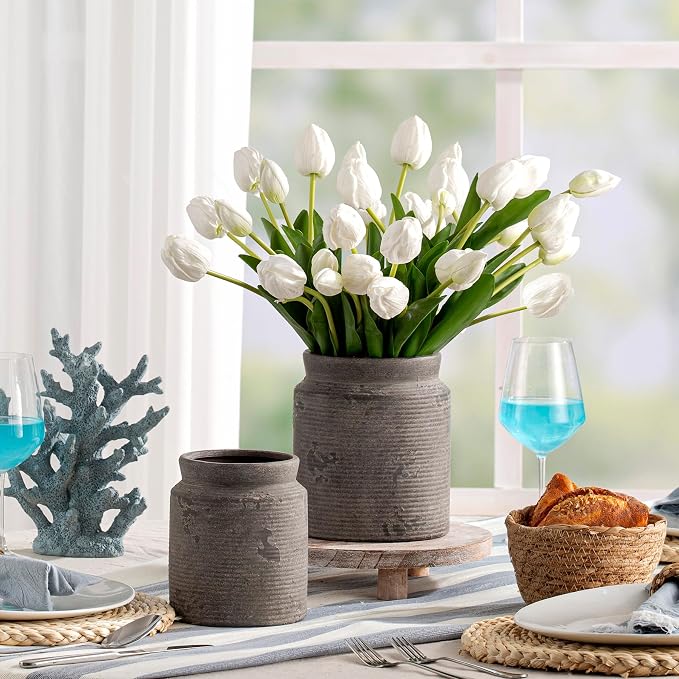 Ceramic Flower Vase 6.5 inch Farmhouse Rustic Vase for Home Decor Handcrafted Pottery Vase Small Terracotta Vases for Dining Table Fireplace Living Room Bathroom Wedding Centerpiece (S-Dark Gray)
