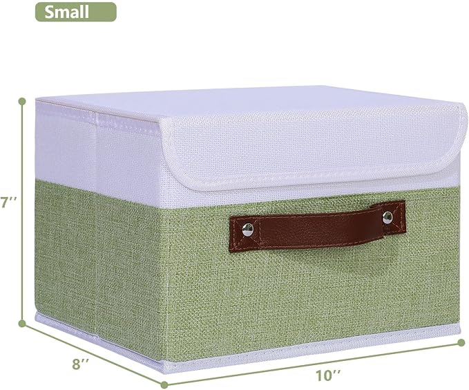 ANMINY Fabric Storage Box Bins with Lids, Green White, 10"x8"x7", 4 Pack | Keepsake Memory Storage, Cotton Linen, PP Board Reinforced, Washable, PU Handles, Foldable & Stackable, Decorative, Small