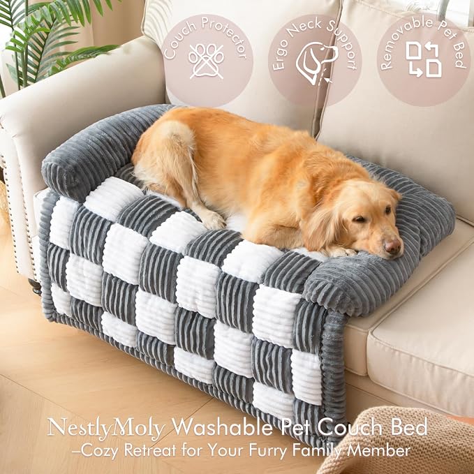 Dog Bed for Couch with Bolster, Comfy Couch Cover for Dogs Washable, Non-Slip Plush Furniture Protector, Calming Fuzzy Lounge Mat, Pet Sofa Accessories (Grey, Small)