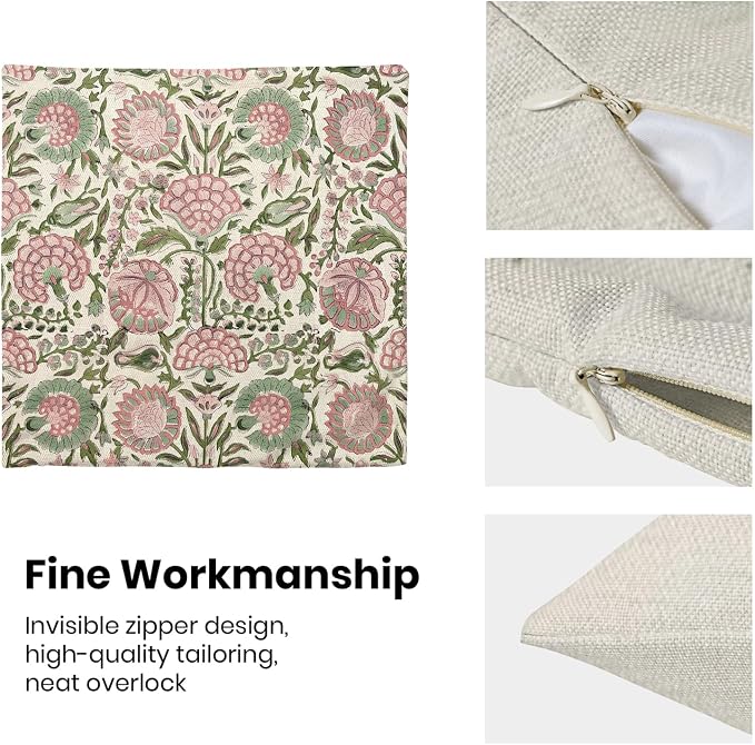 Block Print Pillow Covers 18x18 Inch Pack Of 2 Boho Pink Green Floral Decor Throw Pillow Covers Spring Summer Flower Pillowcase Outdoor Farmhouse Decorative Square Cushion Cover for Sofa Couch