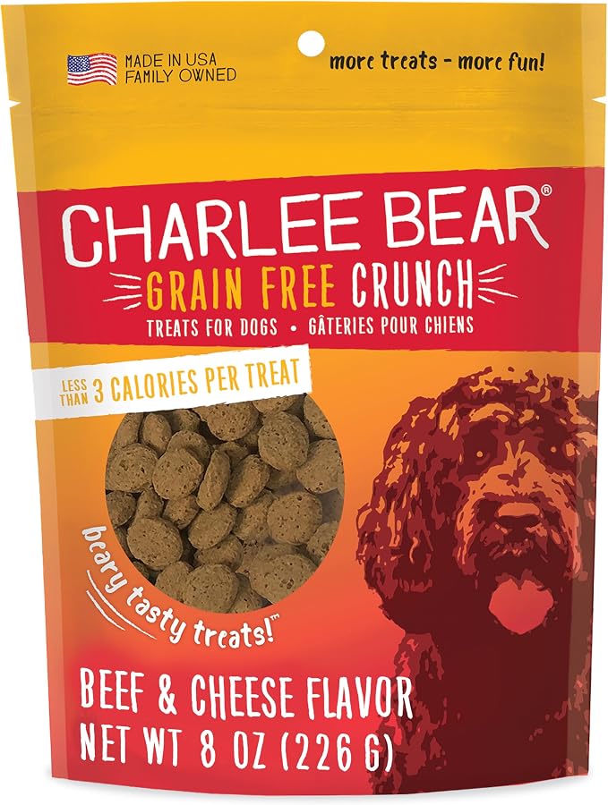 Charlee Bear Grain Free Dog Treats, Beef & Cheese, 8 oz | Pocket-sized Dog Training Treats, Crunchy Dog Treats, Limited Ingredient Recipe, Under 3 Calories per Treat, Made in USA