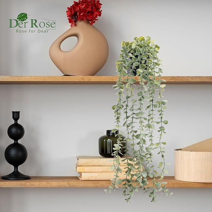 Der Rose Fake Eucalyptus Hanging Plant for Boho Bathroom Wall Art Decor | Vintage cascading greenery adds vertical texture, atificial farmhouse plants brings natural charm to room, shelf decor