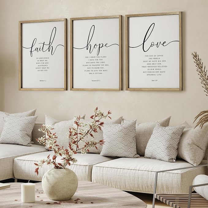 Houmury 3PCS Framed Faith Hope Love Bible Verses Wall Art Farmhouse Religious Quotes Wall Decor Inspirational Wall Art (Brown, 16"x24")