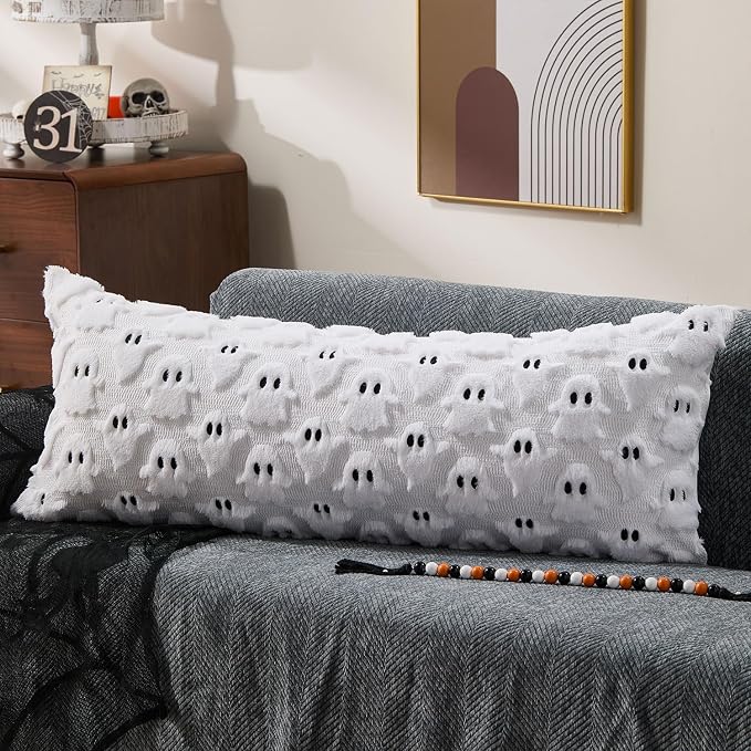 DFXSZ Halloween Pillow Covers 14x36 inch 2Pcs White Ghost Halloween Decor | Halloween Decorations Set of 2 Throw Pillow Cases Plush Faux Fur Wool Cushion for Chair Sofa Bedroom Living Room Home Decor