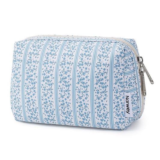 Narwey Small Cute Floral Makeup Bag for Purse Mini Cosmetic Bag Travel Makeup Pouch Zipper Pouch Cute Make up Bags with Compartments for Women Girls (Blue Flower Buds, Small)