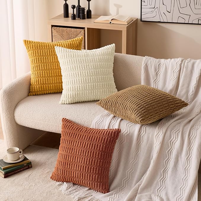 MIULEE Pack of 4 Fall Corduroy Decorative Throw Pillow Covers 18x18 Camel | Neutral Rustic Farmhouse Boho Soft Striped Pillow Covers,Home Decor for Sofa,Living Room,Couch,Bed