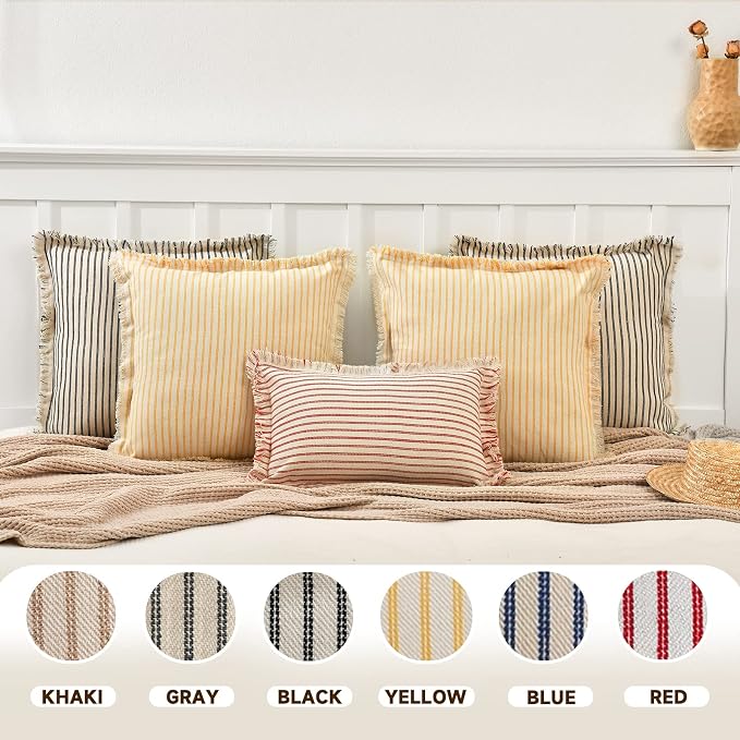 Red Throw Pillow Covers 22x22 Set of 2 Striped Pillow Covers with Fringe Chic Cotton Decorative Pillows Square Cushion Covers for Sofa Couch Bed Living Room Farmhouse Decor