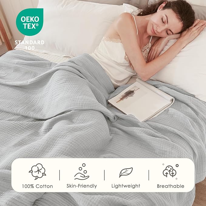 EMME Muslin Blankets for Adults Throw Blanket for Couch Breathable Gauze Soft Lightweight Airy Light Grey Queen 90" x 90"
