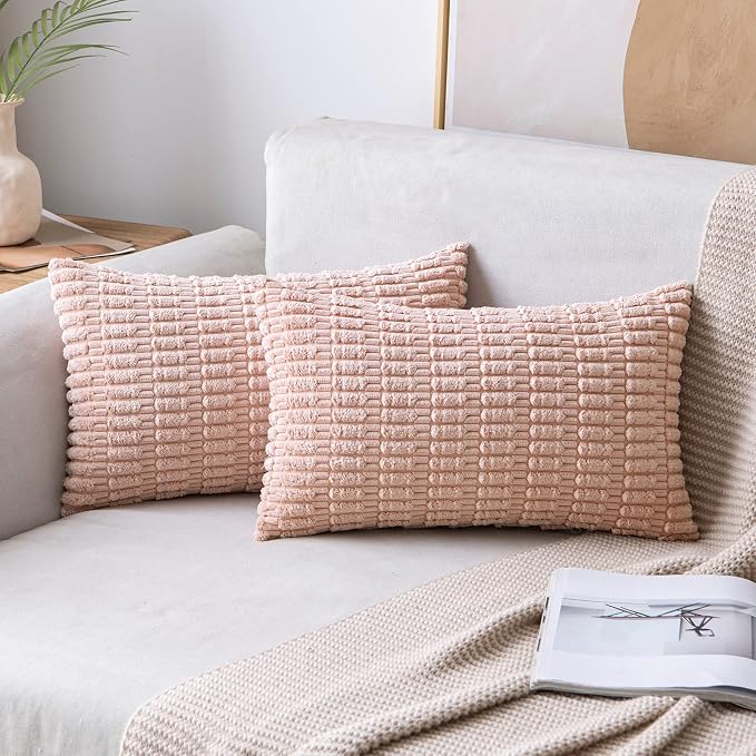 MIULEE Pack of 2 Corduroy Decorative Throw Pillow Covers 12x20 Inch Soft Boho Striped Pillow Covers Modern Farmhouse Home Decor for Spring Sofa Living Room Couch Bed Pink | Soft Boho Striped Pillow Covers Modern Farmhouse Home Decor For Sofa Living Roo...