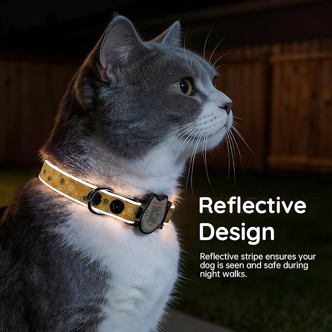Breakaway Cat Collar QR Code, Reflective Bell, Adjustable Kitten, Bees