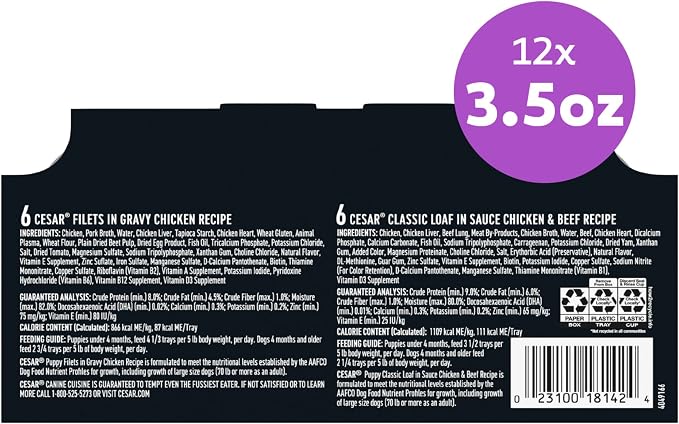 Cesar Classic Loaf in Sauce Wet Dog Food Butcher's Selects Variety Pack, Dry-Aged Ribeye Flavor and Filet Mignon Flavor, 3.5 oz. Easy Peel Trays, Variety Pack (12 Count, Pack of 1)