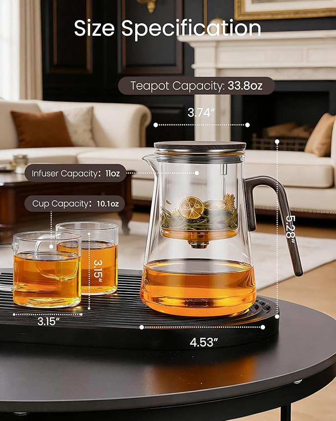 ZENS Enchanted Teapot Set, Magnetic Glass Tea Infuser Pot with 2 Cups for Loose Leaf Tea Steeper, Magic Tea Maker, Mess-Free Loose Tea Diffusers for Tea Lovers Ideal Gifts, 34oz (1000 ml)