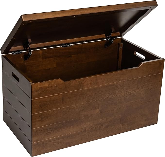 Solid Hardwood Storage Trunk, Coffee, 35.5x18.63x19.5“ | 2 Safety Hinges, Heavy-duty, Rubberwood, Box