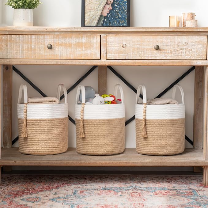 Mkono Woven Storage Basket for Blanket, Toys Plant Organizer, 11"W x 11"L | Cream White and Brown, Decorative Basket with Handle, Wood Beads Tassel, Shoes Towel Storage Bin, Living Room Bedroom Nursery