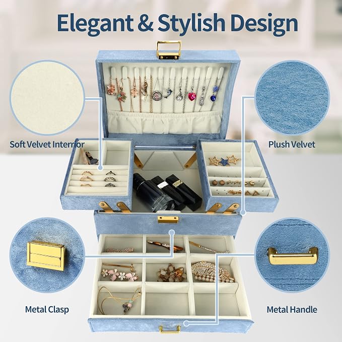 Jewelry Organizer Box, Large Jewelry Boxes for Women Girls, Space-Saving 3 Layers Jewelry Storage Case with Drawer, Gift Idea for Christmas, Valentine's Day, Birthday, Mother's Day (Blue)
