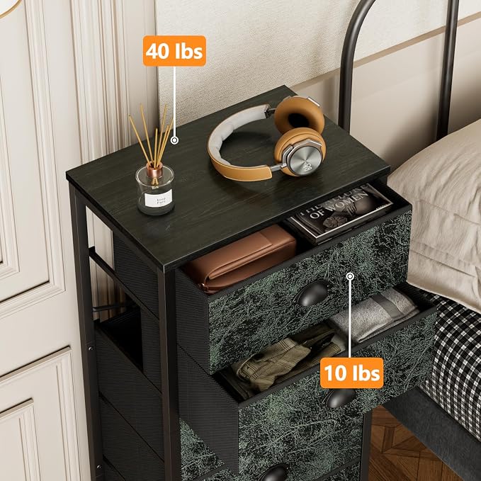 Dresser for Bedroom, 6 Drawer Tall Storage Tower Unit and Chest | Vintage Green Fabric Drawer Organizer in Dorm, Vertical Tall Nightstand Furniture in Living Room,Closet, Metal Frame,Wood Top