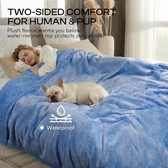 Luciphia Waterproof Blanket for Large Dog, Reversible Sherpa Couch Cover | waterproof pet blanket sherpa fleece reversible couch cover bed protector car from spills scratches, Blue 40" x 28"