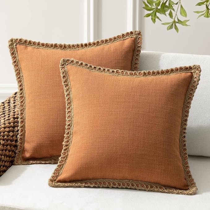 Phantoscope Pack of 2 Farmhouse Decorative Solid Throw Decorative Pillow Cover Burlap Linen Trimmed Tailored Edges Orange 20 x 20 inches, 50 x 50 cm