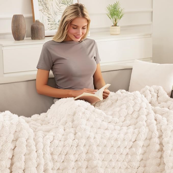 Whale Flotilla Soft Fleece Twin Size Bed Blanket Luxury 3D Jacquard, Ivory | Lightweight Coverlet Bedspread, Super Cozy Plush Fluffy Fuzzy All‑Season Decorative Blanket for Bed, Dorm Essentials, 60"x80"
